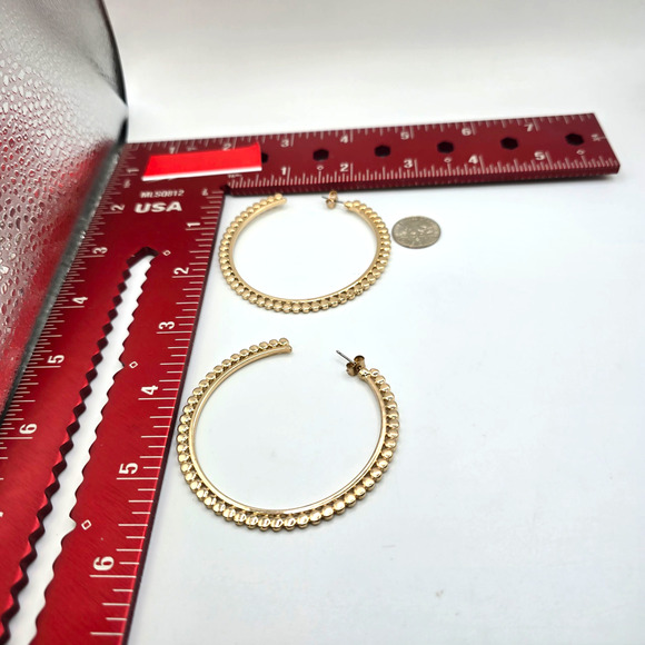 Earrings Gold Tone Beaded Hoop Womens Large Statement Textured Round SKU2404 - Picture 6 of 8